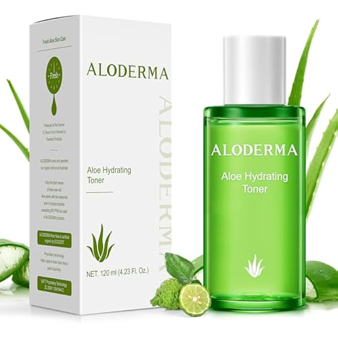 Aloderma تونر للوجه مرطب بالألوة فيرا 91% عضوي - ينقي المسام بشكل طبيعي، غير مسبب للتهيج، خالي من الكحول، تونر مرطب للوجه مع حمض الهيالورونيك لجميع أنواع البشرة، 4.2 أونصة - Image 1